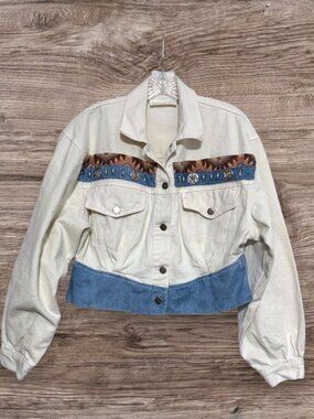 Vintage Risky Southwestern Cropped Jacket Western Concho Denim Trim Size M